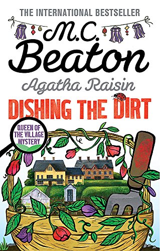 Book cover with village scene, gardening tools, and title "Dishing the Dirt".