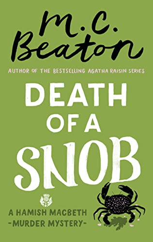 Book cover: "Death of a Snob" with crab illustration, green background.