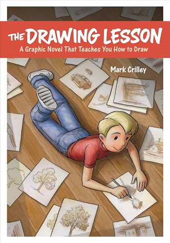 Book cover: boy drawing with sketches scattered around him.