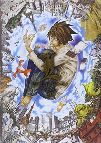 L from Death Note sits amidst a circular collage of global landmarks and candy.