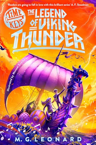 Book cover: purple Viking ship with figures, stormy orange and blue sky.