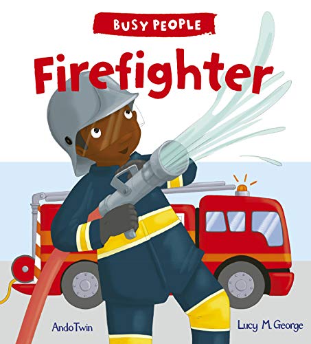 Illustration of a firefighter using a hose in front of a fire truck.