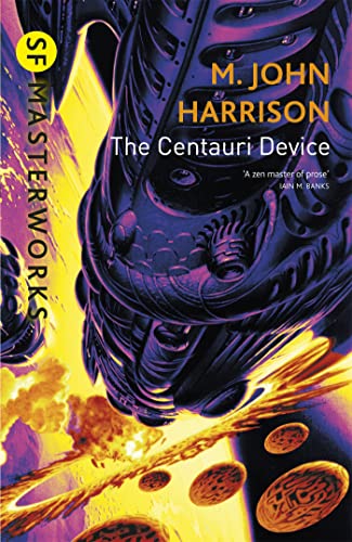 Book cover for "The Centauri Device" with abstract, swirling purple and yellow art.