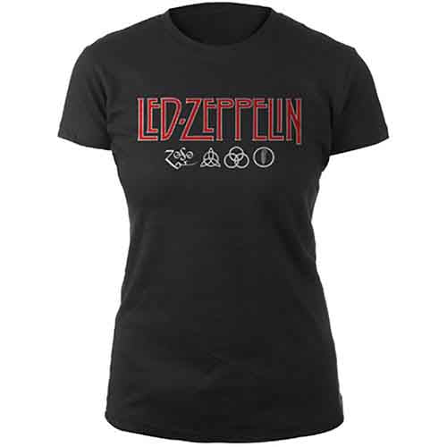 Woman wearing a black Led Zeppelin t-shirt with band logo.