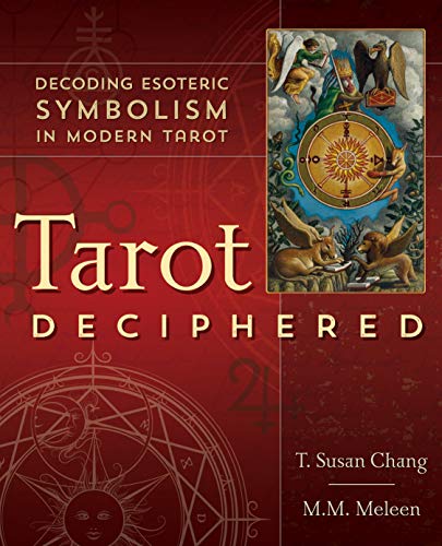 Book cover with red background, esoteric symbols, and a detailed tarot card illustration.