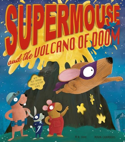 Supermouse, a caped mouse, leaps toward a volcano with other characters.