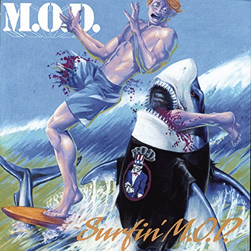 CD cover: man falling from surfboard into a shark’s mouth.
