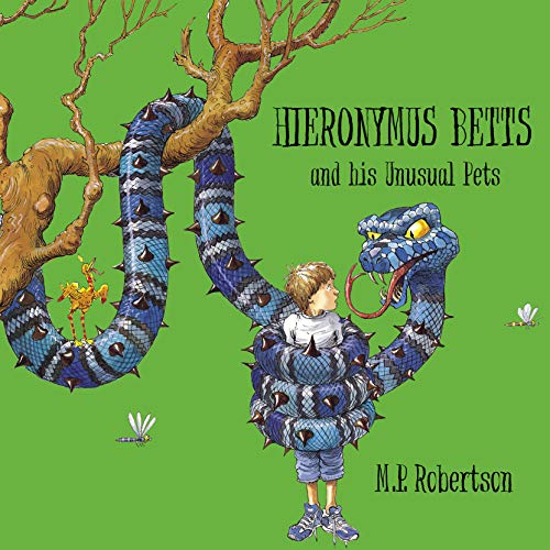 Book cover: boy encircled by a large, blue, spiky snake and birds.