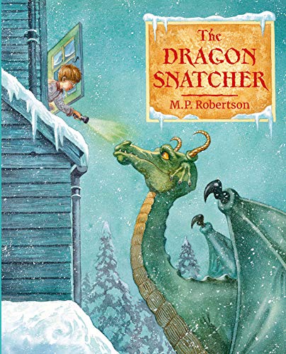Boy with flashlight confronts a green dragon near a snowy house.