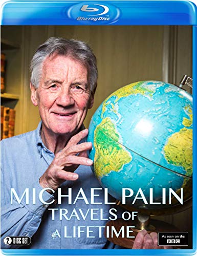 "Blu-ray case with Michael Palin holding a globe, title 'Travels of a Lifetime'."