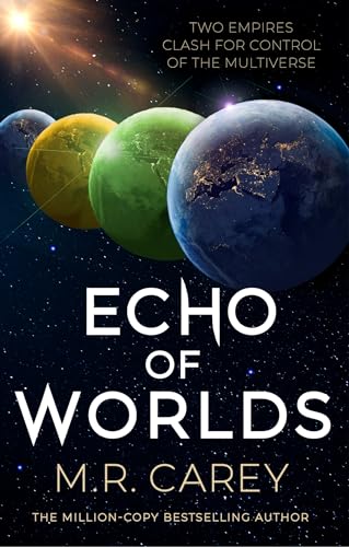 Book cover: planets in space, large white text "ECHO OF WORLDS".