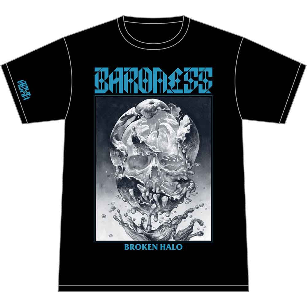 Black t-shirt with a graphic of a skull emerging from water.