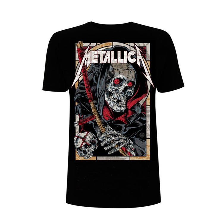 Black t-shirt with a colorful graphic of the Grim Reaper and Metallica logo.