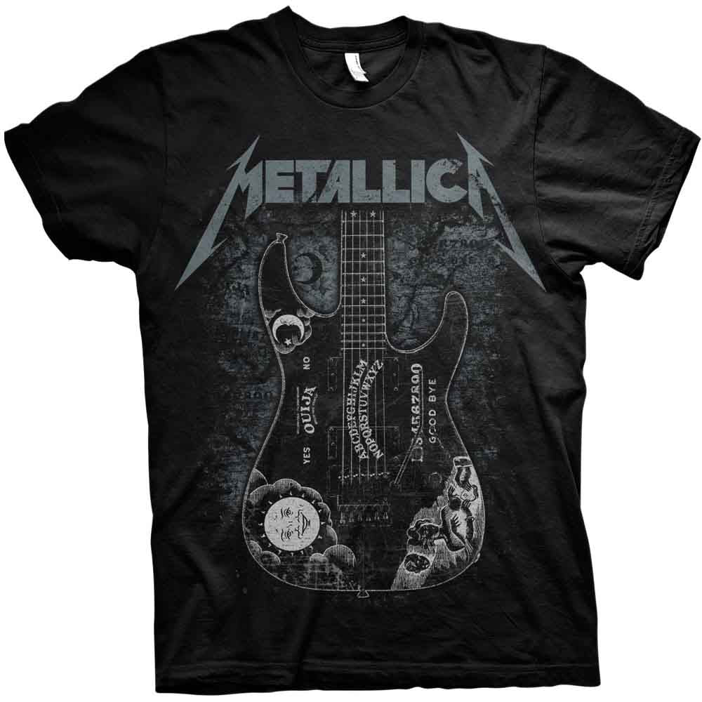 Black Metallica t-shirt with guitar and ouija board graphic.