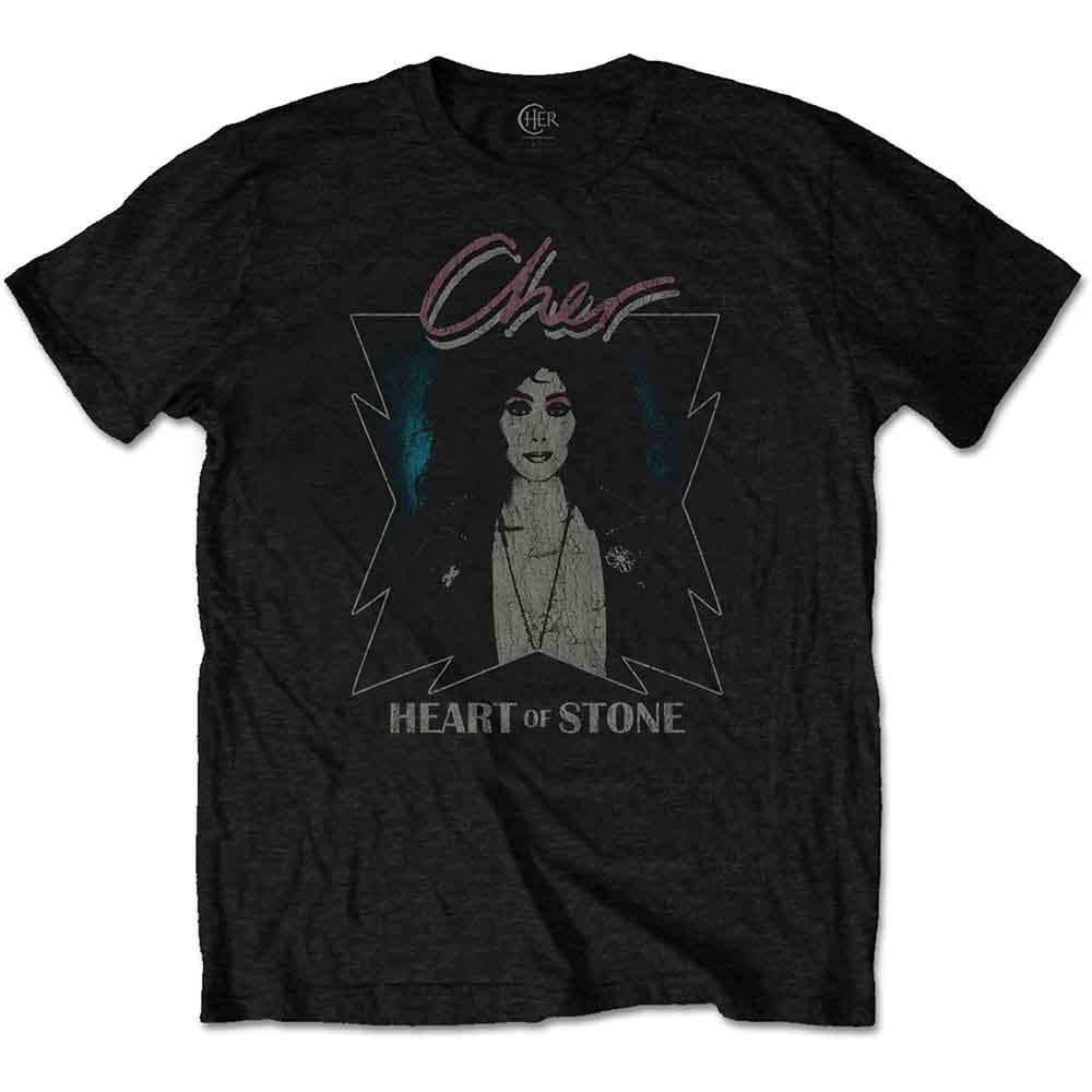 Black t-shirt with a graphic of Cher and “Heart of Stone” text.