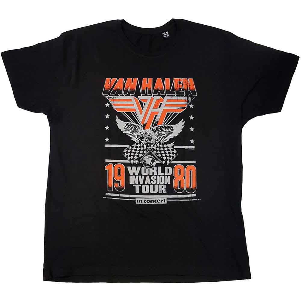 Black Van Halen tour t-shirt with eagle and checkered flag design.