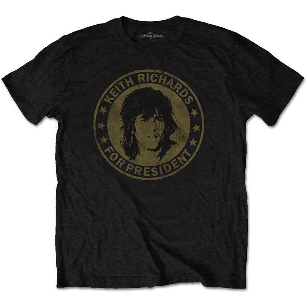 Black t-shirt with a circular graphic of Keith Richards “For President”.