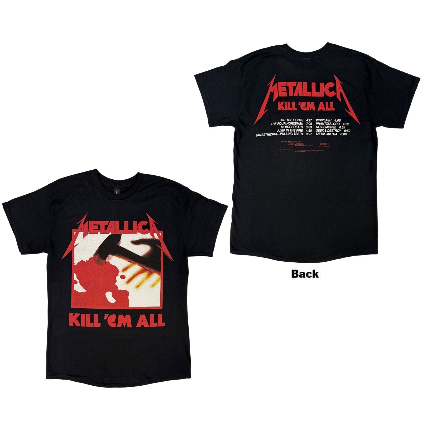 Black unisex t-shirt featuring the tracklist from the album Kill 'em All.