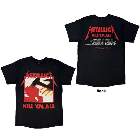 Black unisex t-shirt featuring the tracklist from the album Kill 'em All.