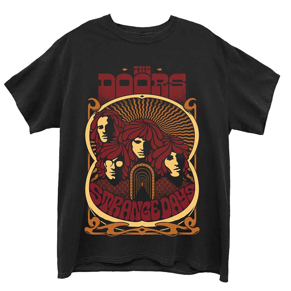 Black t-shirt with a vintage poster graphic of The Doors band.
