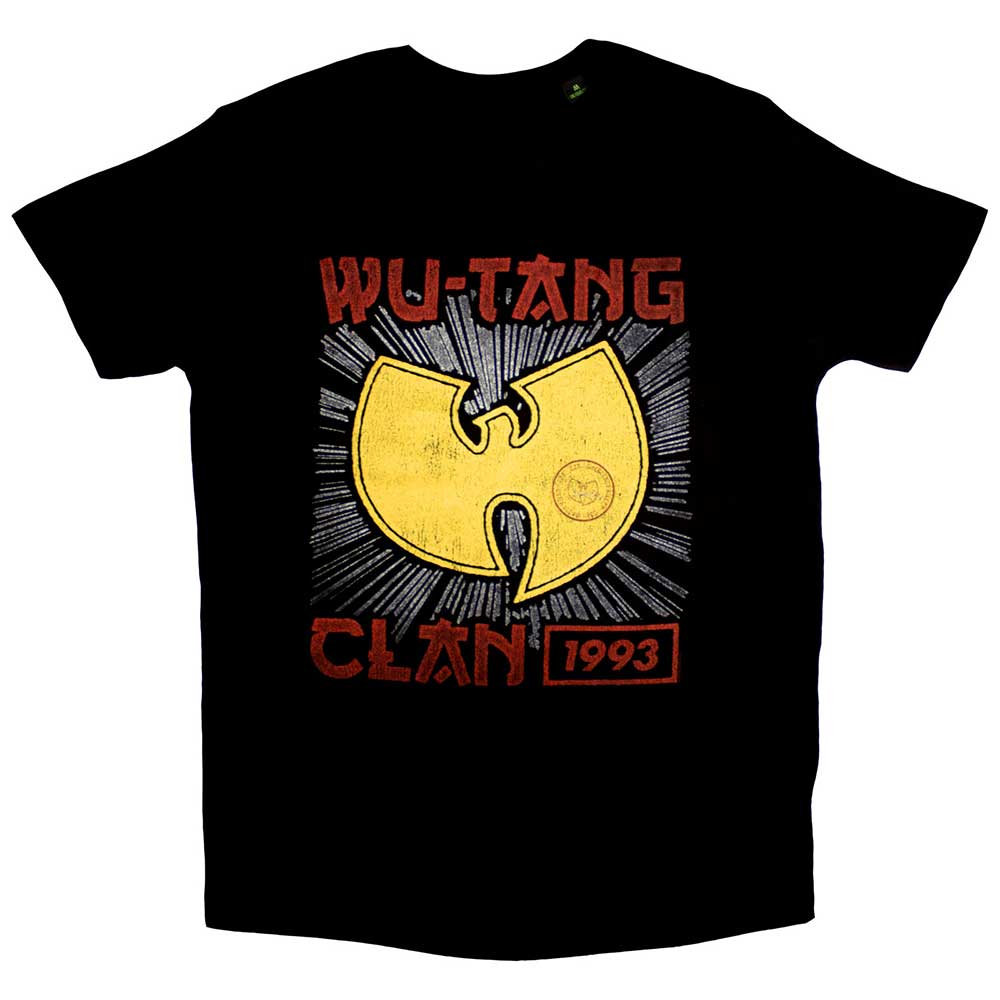 A man wearing a black t-shirt with a yellow Wu-Tang Clan logo and text.