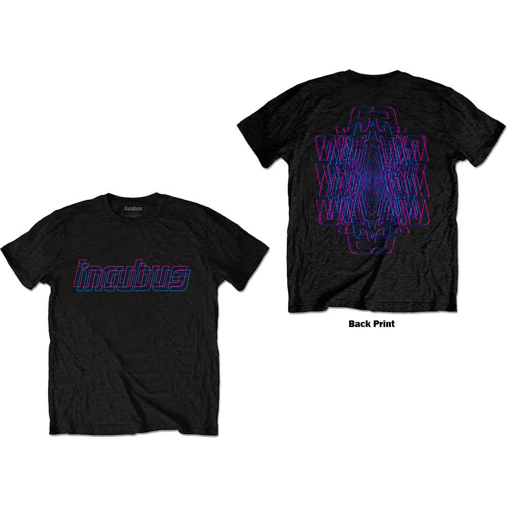 Black unisex t-shirt with Incubus band logo and neon geometric design.