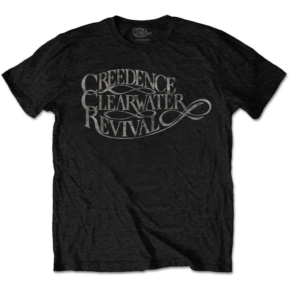 Black unisex t-shirt featuring a vintage Creedence Clearwater Revival logo in grey print.