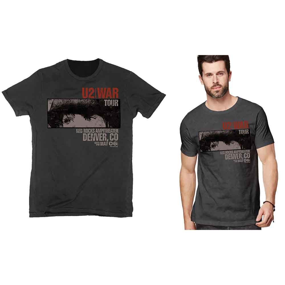 Black U2 War tour t-shirt with Red Rocks concert graphic.