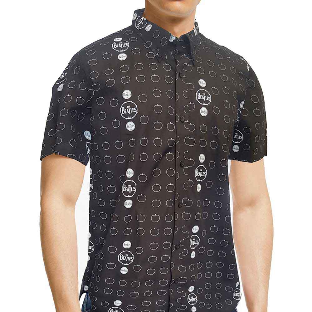 Black button-down shirt with repeating Beatles apple logos pattern.