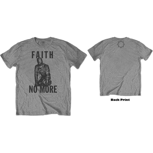 Grey t-shirt with "Faith No More" graphic on the front and back.