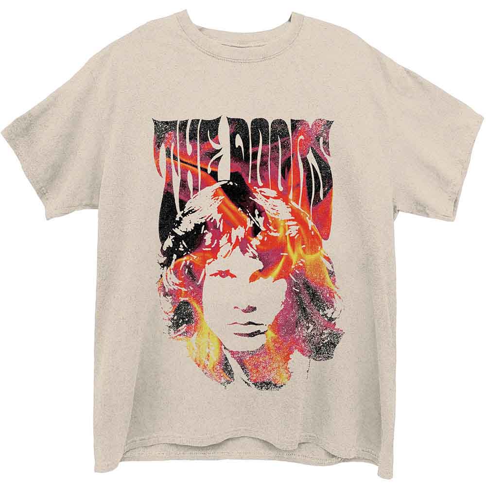 Cream t-shirt with a fiery graphic of Jim Morrison’s face and “The Doors” logo.