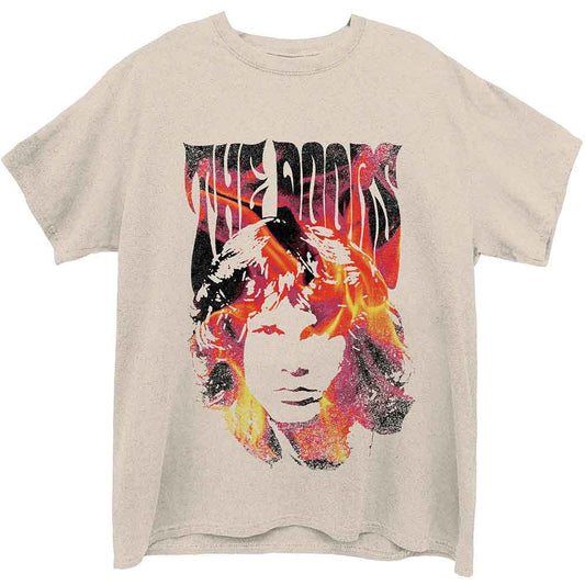 Cream t-shirt with a fiery graphic of Jim Morrison’s face and “The Doors” logo.
