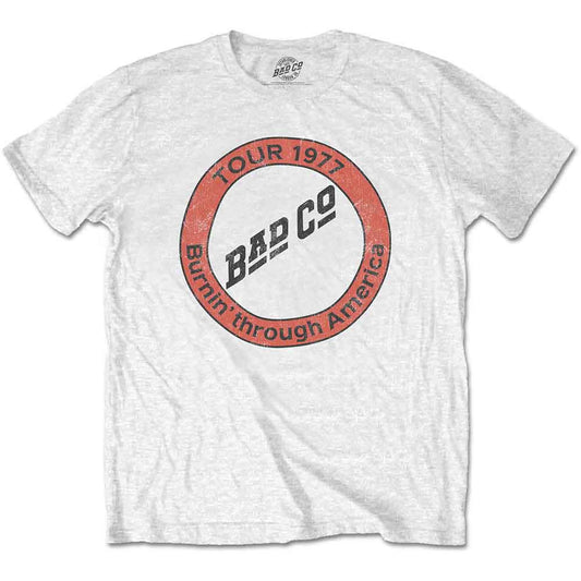 White Bad Company tour t-shirt with red and white circular logo.