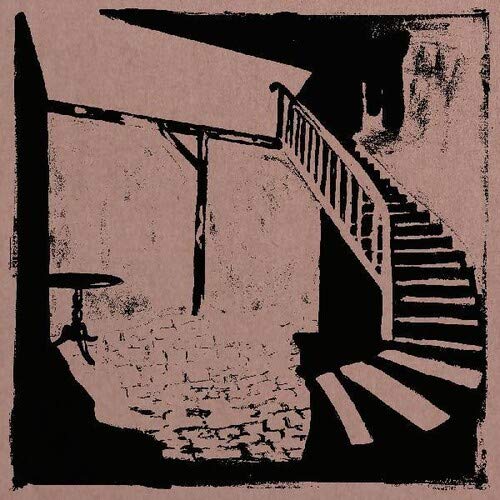 A stylized black and white illustration of a curved staircase and table on mauve.