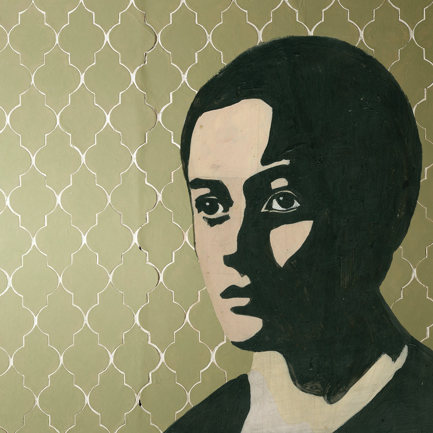 Painted portrait of a person with half their face in shadow, patterned background.