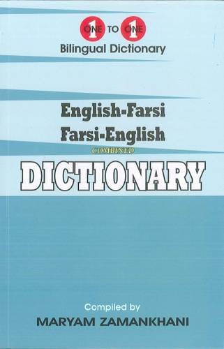 Blue dictionary cover with "English-Farsi Dictionary" title and author's name.