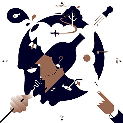 Black and white illustration of a face with surreal, floating objects.