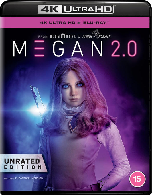 M3GAN 2.0 Blu-ray cover featuring a robotic girl with piercing blue eyes.
