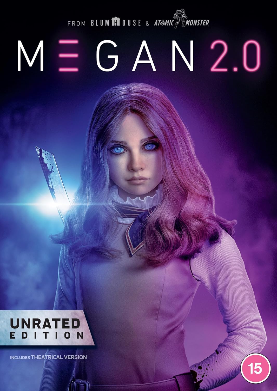 M3GAN 2.0 DVD cover featuring a robotic girl holding a broken toy.