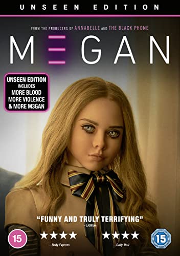 DVD cover art featuring the doll M3GAN with long hair and a striped bow.