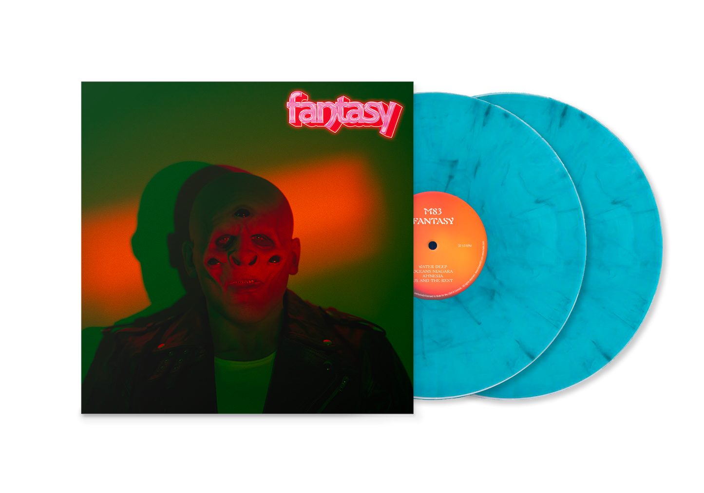 "Vinyl record album cover with blue marbled discs and a man under neon lights."