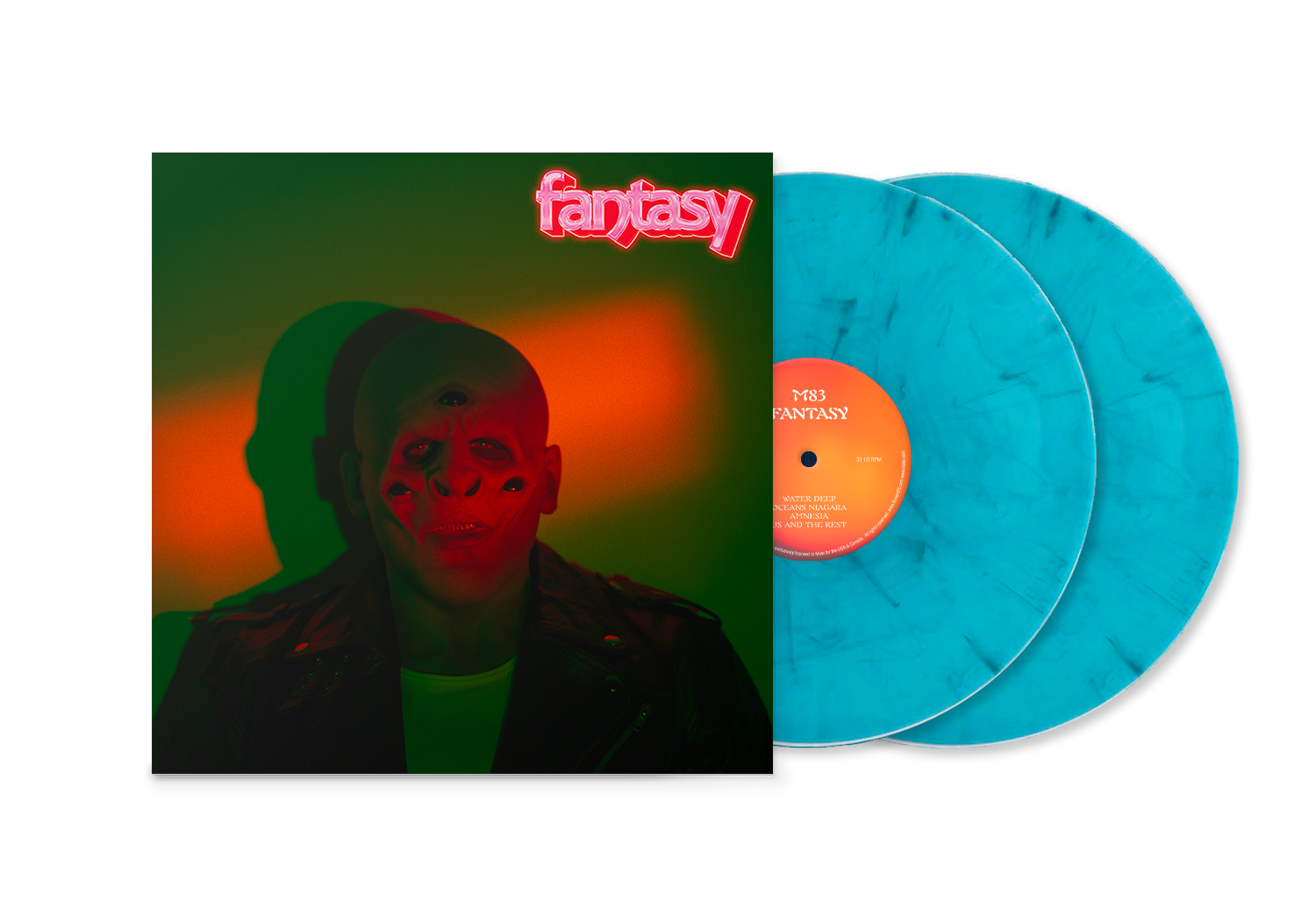 "Vinyl record album cover with blue marbled discs and a man under neon lights."