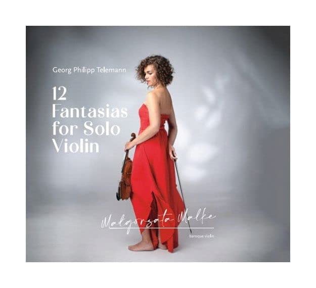 CD cover: violinist Małgorzata Malke in a red dress, Telemann's "Fantasias.