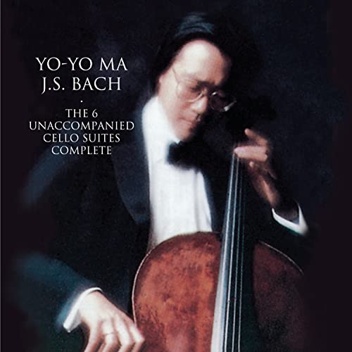 Yo-Yo Ma with a cello, album cover for J.S. Bach’s suites.