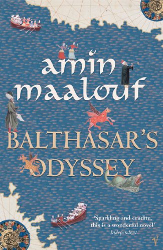 Book cover for "Balthasar's Odyssey" with figures, a dragon, and nautical maps.