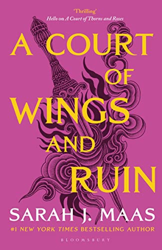 Book cover: "A Court of Wings and Ruin" with a sword and wings design.