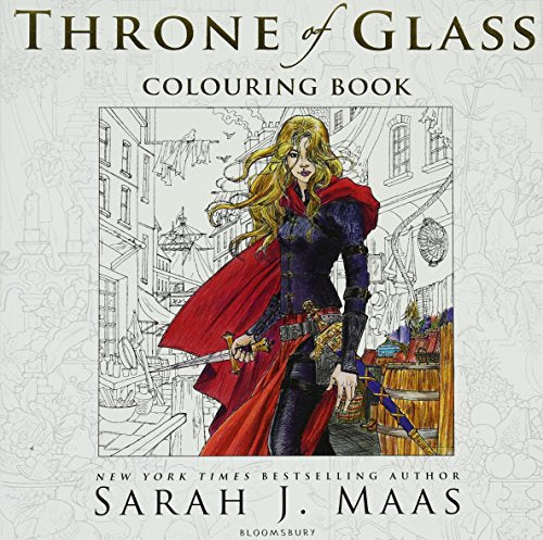 Front cover of the Throne of Glass colouring book featuring a colored illustration of Celaena.