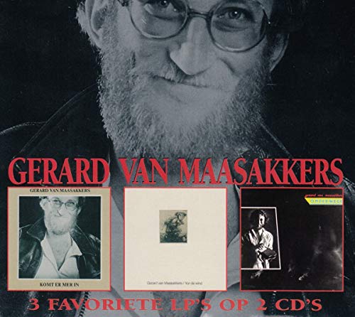 Black and white photo of a man with red text and three album covers.