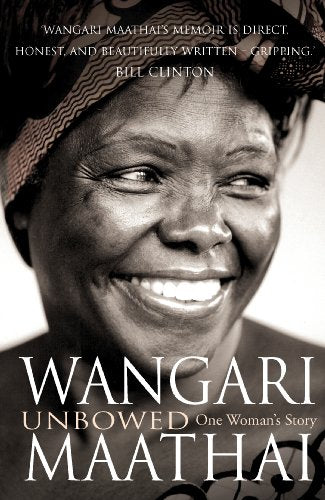 Close-up portrait of Wangari Maathai, book cover for “Unbowed” autobiography.