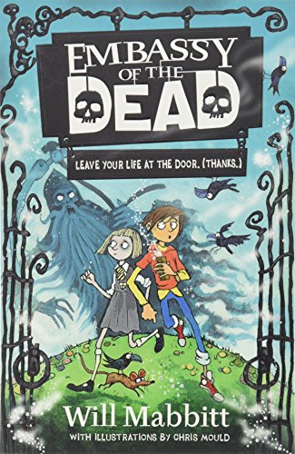Book cover: children near a spooky embassy entrance with ghosts.